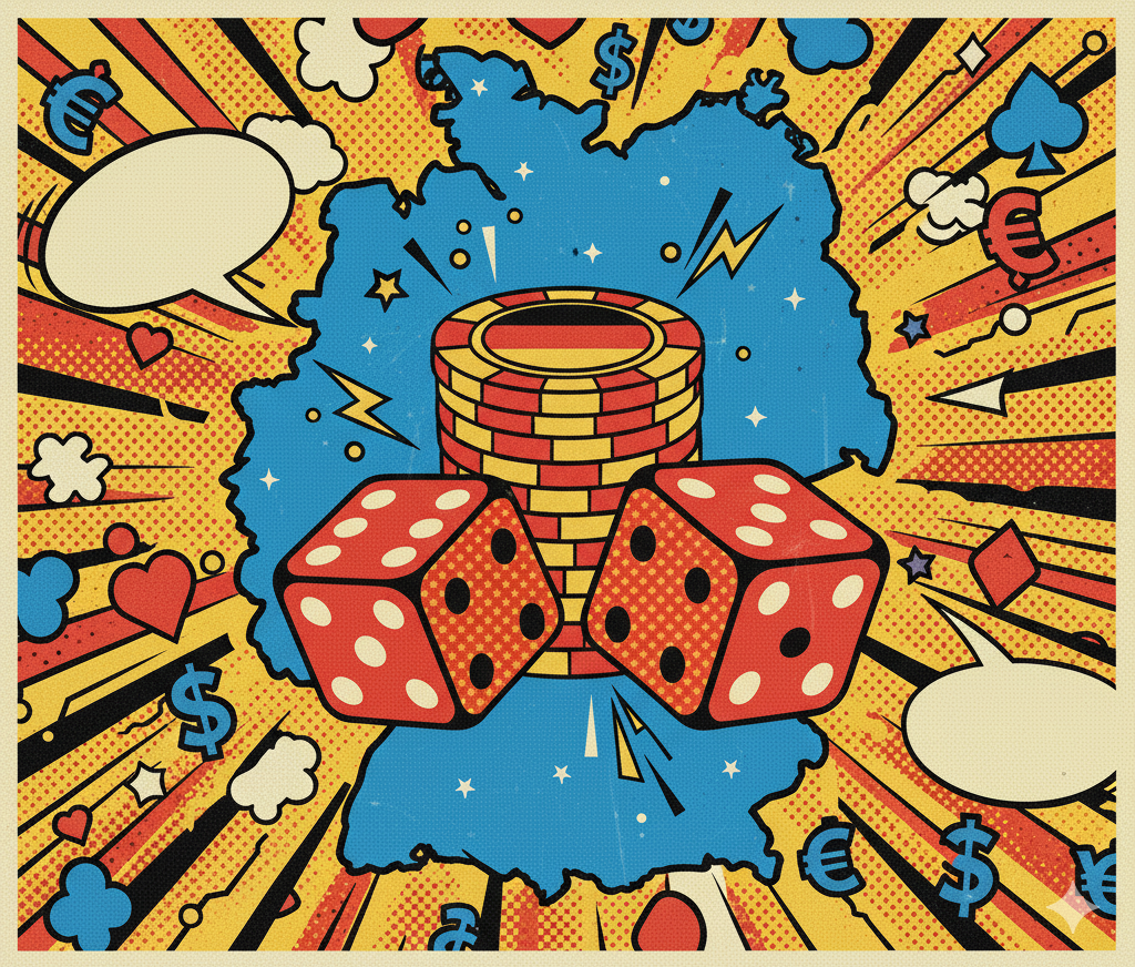 Ein Pop Art bild von Würfeln vor einer Deutschlandkarte.